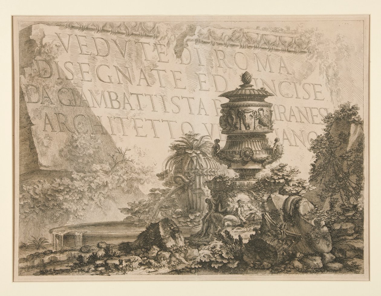 Nimisivu: Näkymät Roomaan piirtänyt ja kaivertanut Giambattista Piranesi, venetsialainen arkkitehti, Vedute di Roma tekijältä Giovanni Battista Piranesi