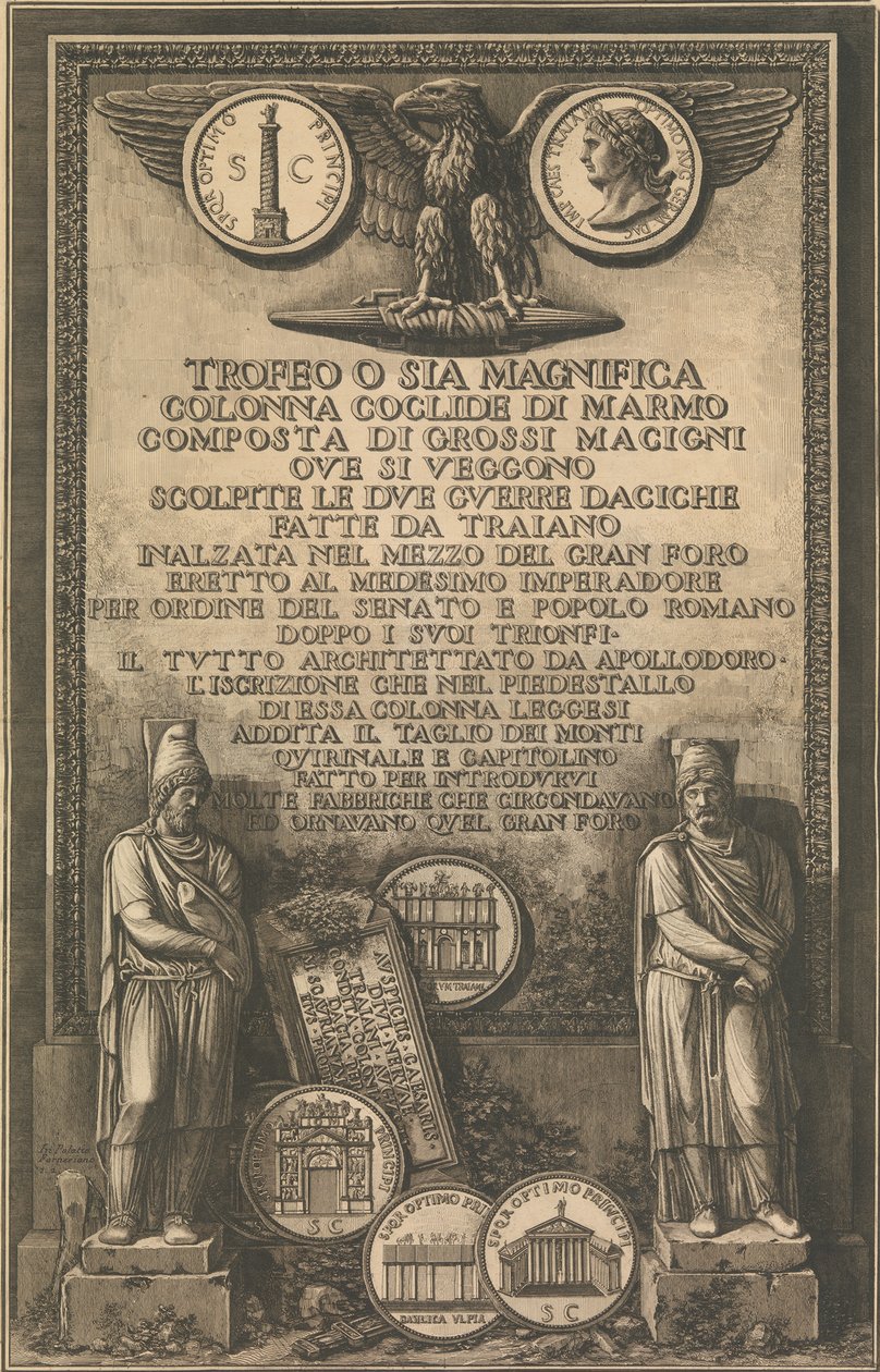 Nimilehti kotkalla, Trajanuksen pylvään kuva kolikko, klassisia veistoksia, 1774-79. tekijältä Giovanni Battista Piranesi