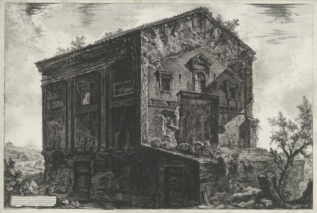 Tombe van Aspasia Annia Regilla Roomassa Näkymä Camenen temppelistä (otsikko esineessä) Gezichten op Rome (sarjan nimi) Näkymät Roomaan suunnitellut ja kaivertanut Giambattista Piranesi arkkitehti Ve (nez) iano (sarjan nimi) tekijältä Giovanni Battista Piranesi
