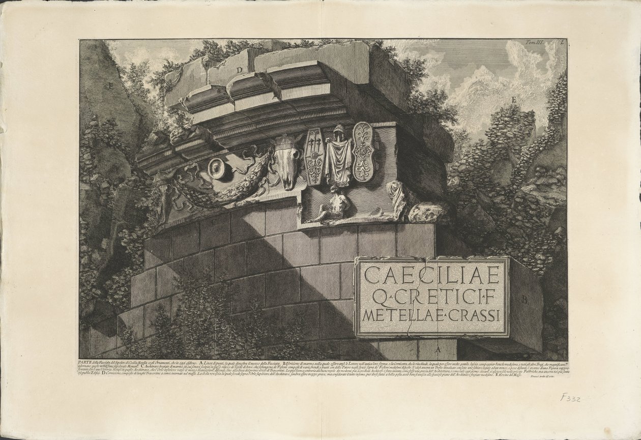 Tombe van Caecilia Metella Roomassa Osa Cecilia Metellan haudan julkisivua ja koristeita, jotka ovat olemassa (esineessä) Archeologische vondsten in en rond Rome (sarjan nimi) Roman Antiquities (sarjan nimi) tekijältä Giovanni Battista Piranesi