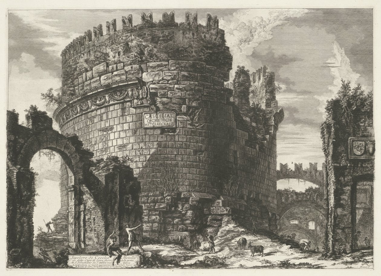 Tombe van Caecilia Metella Roomassa Cecilia Metellan hauta (...) (otsikko esineessä) Gezichten op Rome (sarjan nimi) Näkymät Roomaan suunnitellut ja kaivertanut Giambattista Piranesi arkkitehti Ve (nez) iano (sarjan nimi) tekijältä Giovanni Battista Piranesi