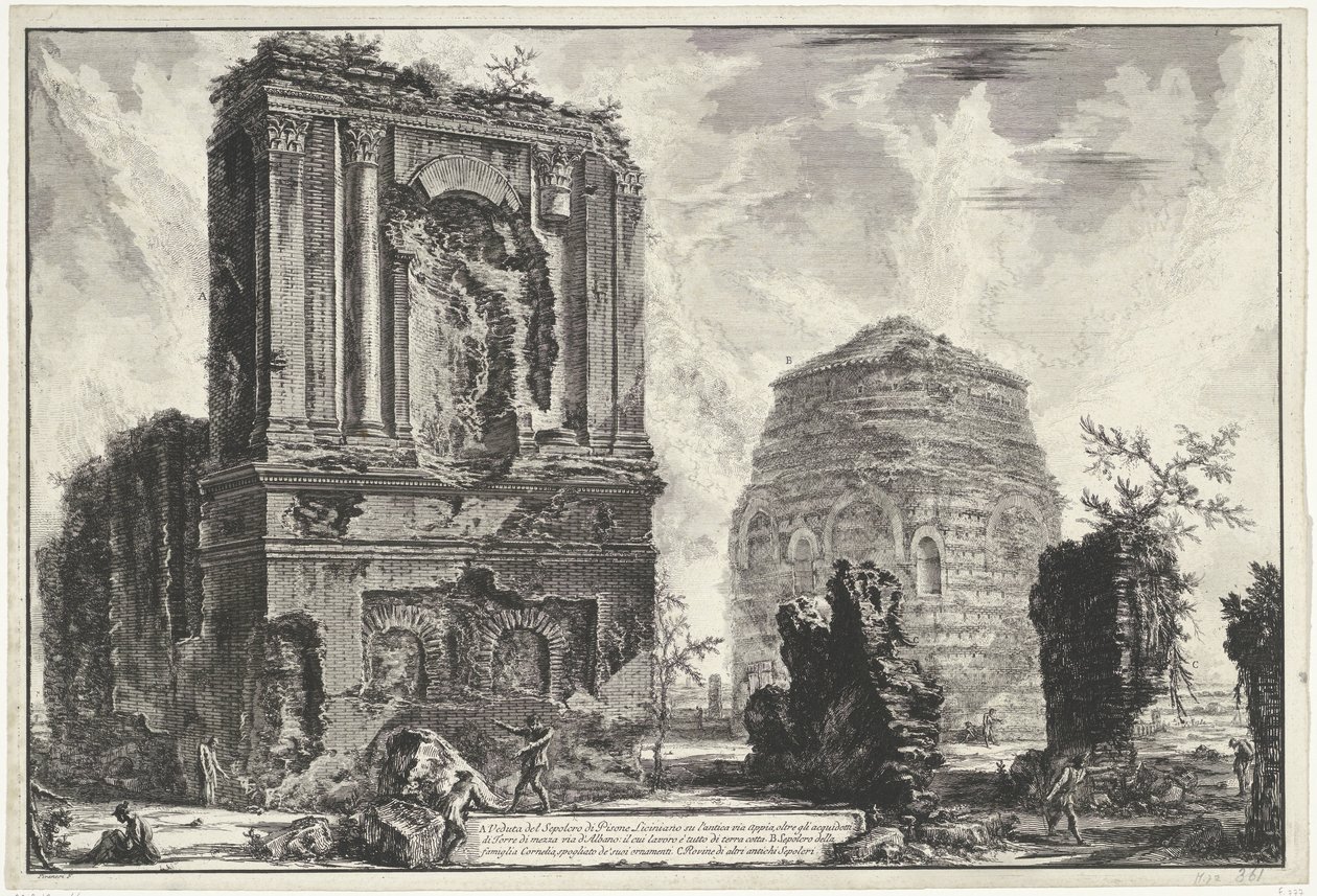Tombes van Licinianus Piso en de Cornelius familie langs de Via Appia Gezichten op Rome (sarjan nimi) Näkymät Roomaan suunnitellut ja kaivertanut Giambattista Piranesi arkkitehti Ve (nez) iano (sarjan nimi) tekijältä Giovanni Battista Piranesi