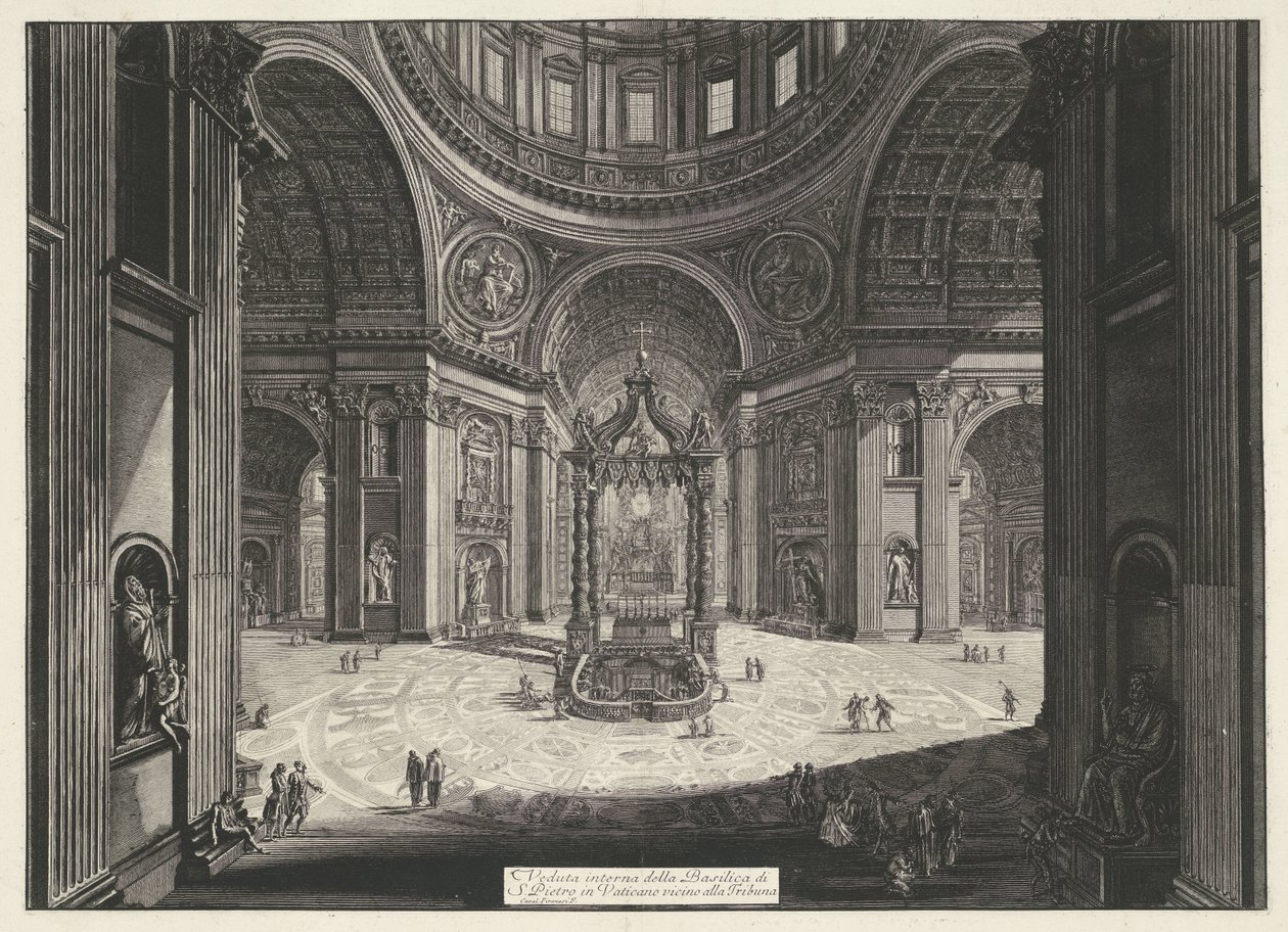 Transept van de Sint-Pietersbasiliek te Vaticaanstad Sisäkuva Vatikaanissa sijaitsevasta Pietarinkirkosta lähellä Tribunaa (otsikko esineessä) Gezichten op Rome (sarjan nimi) Näkymät Roomaan suunnitellut ja kaivertanut Giambattista Piranesi arkkitehti Ve ( tekijältä Giovanni Battista Piranesi