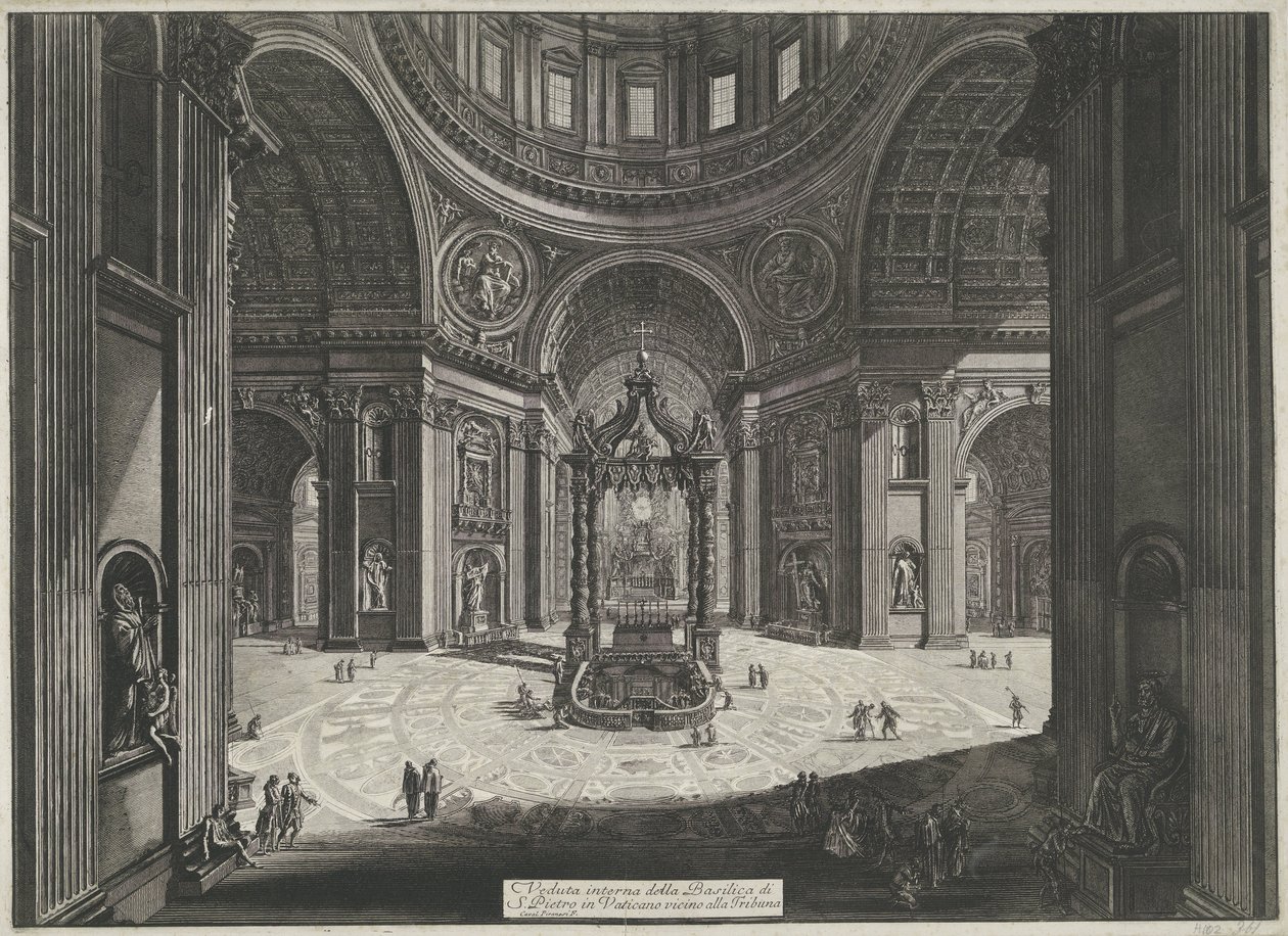 Transept van de Sint-Pietersbasiliek te Vaticaanstad Sisäkuva Vatikaanissa sijaitsevasta Pietarinkirkosta lähellä Tribunaa (otsikko esineessä) Gezichten op Rome (sarjan nimi) Näkymät Roomaan suunnitellut ja kaivertanut Giambattista Piranesi arkkitehti Ve ( tekijältä Giovanni Battista Piranesi