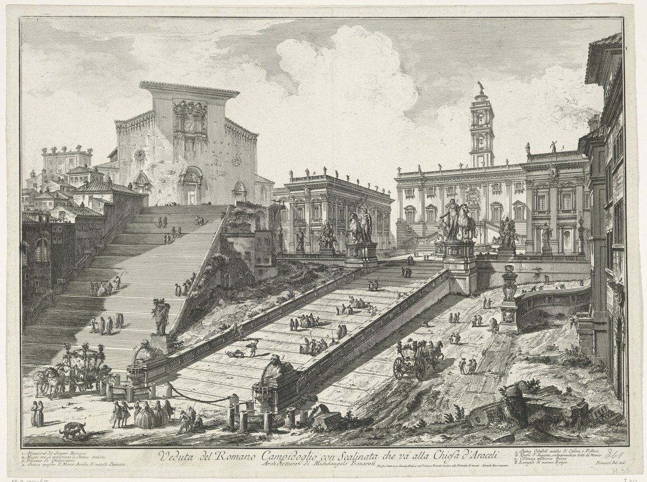 Trappen naar Piazza del Campidoglio en de Santa Mariassa Aracoeli te Roomassa Näkymä roomalaiselle Campidogliolle ja Aracelin kirkkoon johtavat portaat (otsikko esineessä) Gezichten op Rome (sarjan nimi) Näkymät Roomaan suunnitellut ja kaivertanut Giambatt tekijältä Giovanni Battista Piranesi
