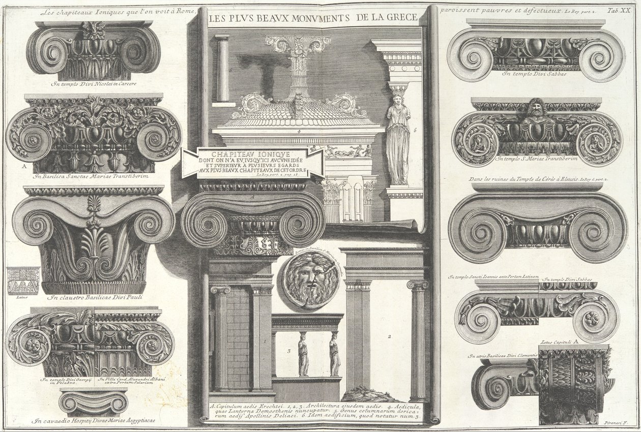 Erilaiset roomalaiset joonialaiset pääkaupungit verrattuna kreikkalaisiin esimerkkeihin..., 1700-luvun puoliväli. tekijältä Giovanni Battista Piranesi