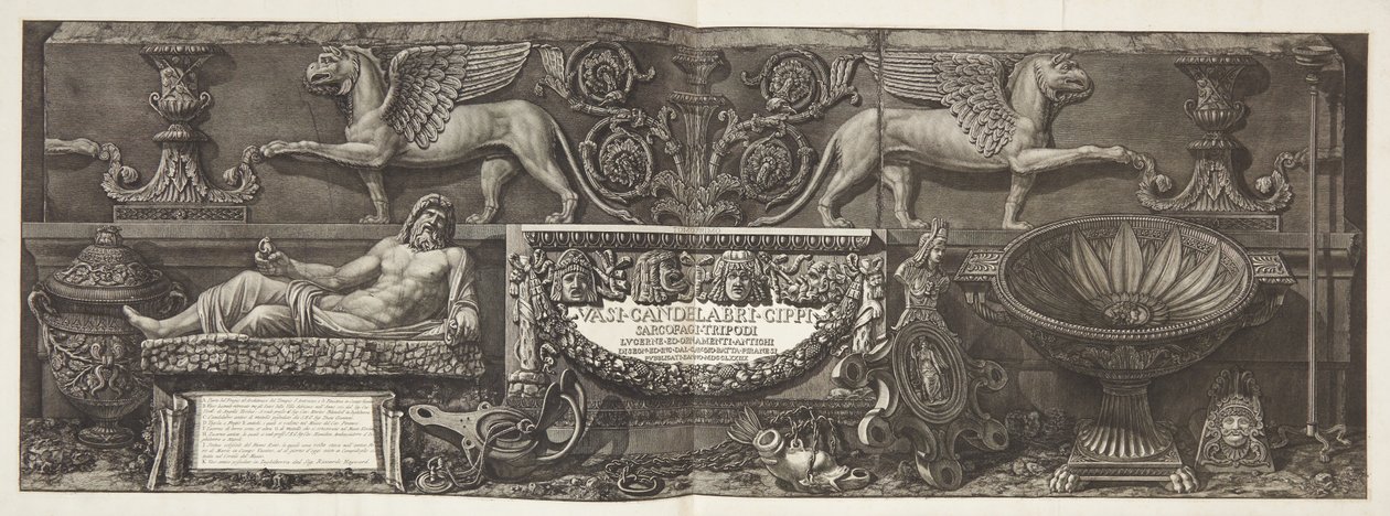 "Maljakot, kynttilänjalat, vesisäiliöt, sarkofagit...", otsikkosivu osaan. minä tekijältä Giovanni Battista Piranesi