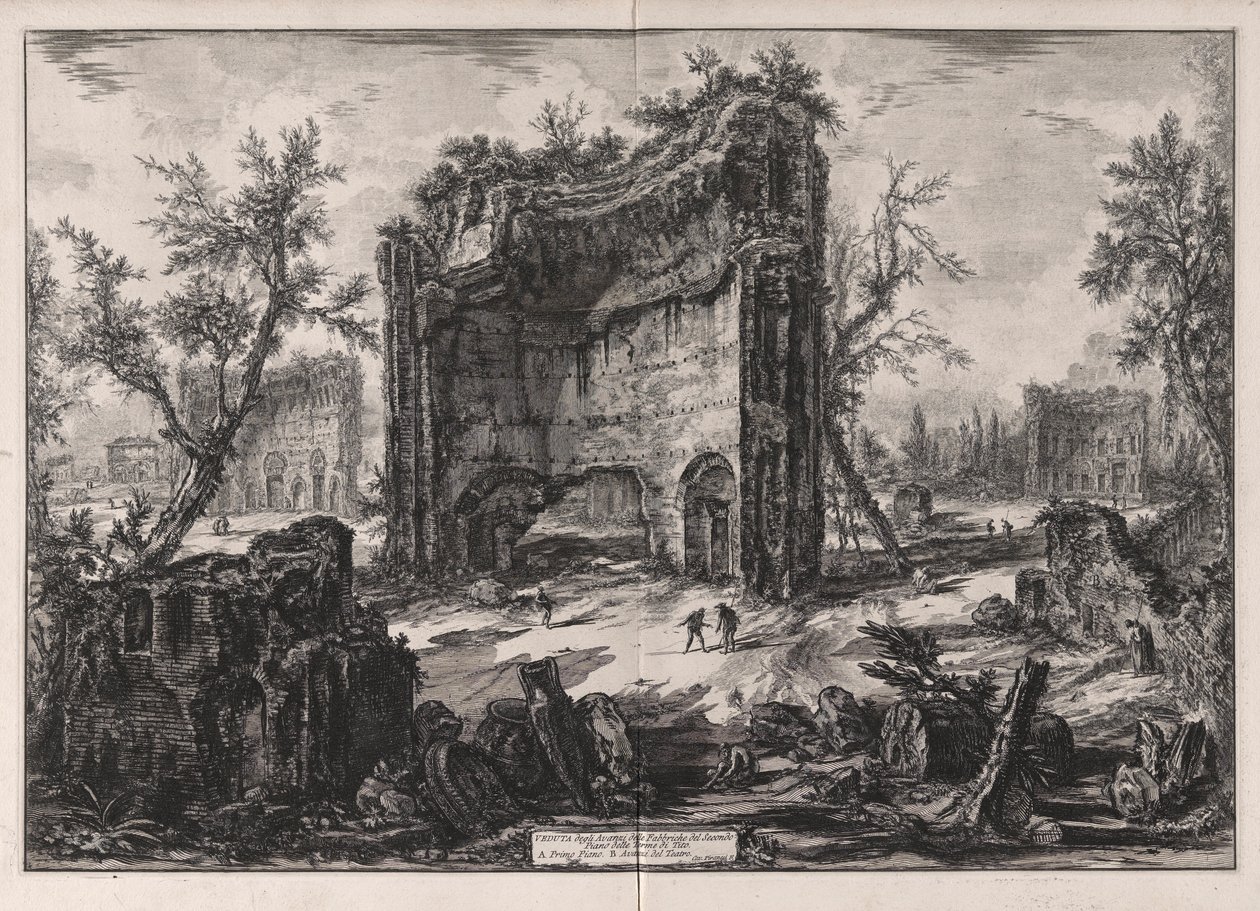 Näkymä rakennusten jäännöksille Tituksen kylpylän toisessa kerroksessa, Vedute di Romasta (näkymät Roomaan) tekijältä Giovanni Battista Piranesi