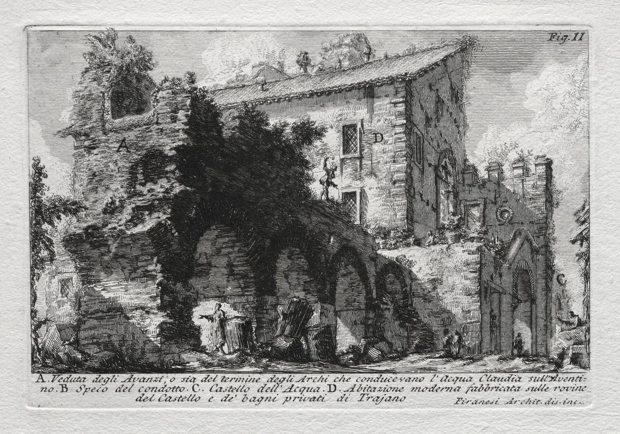 Näkymä jäännöksistä tai molemmista Acqua Giulian johtaneiden holvikaarien päästä tekijältä Giovanni Battista Piranesi