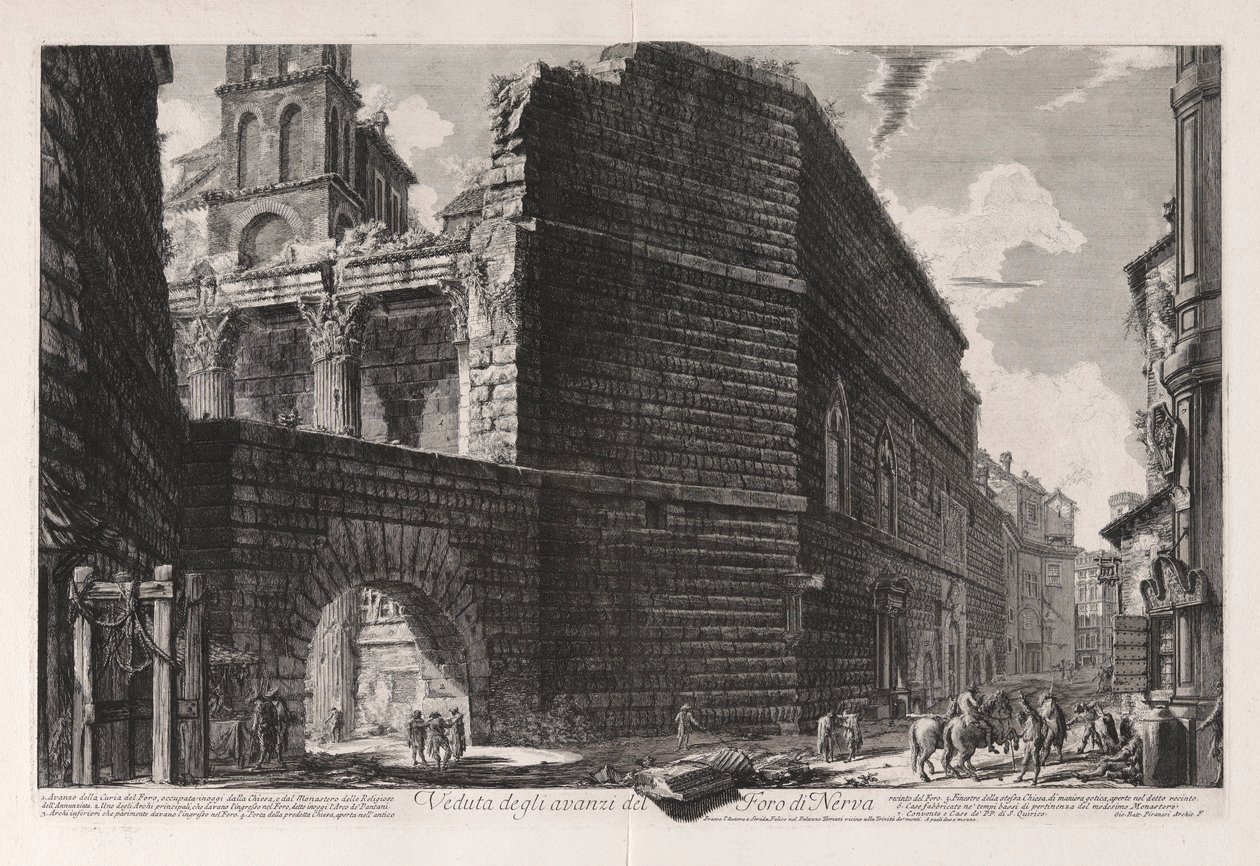 Näkymä Forum of Nervan jäännöksille Vedute di Romasta (Näkymät Roomaan) tekijältä Giovanni Battista Piranesi