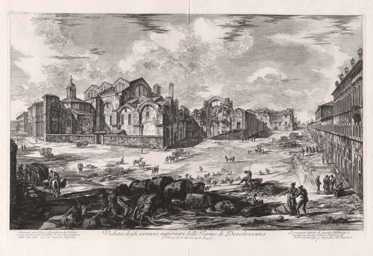 Näkymä Diocletianuksen kylpylän ylemmille raunioille [kaukainen näkymä Santa Maria degli Angelin kirkolle], Vedute di Romasta (näkymät Roomaan) tekijältä Giovanni Battista Piranesi