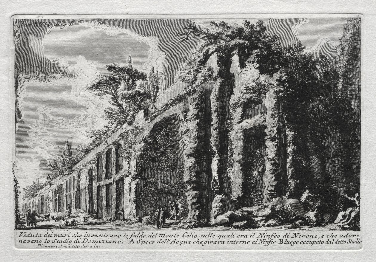 Näkymä Monte Celion rinteitä peittävistä seinistä tekijältä Giovanni Battista Piranesi