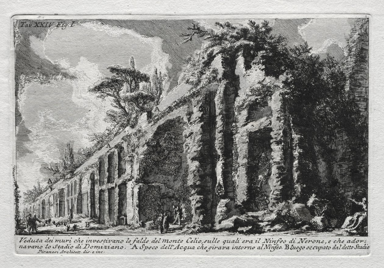Näkymä Celio-vuoren rinteitä peittävistä seinistä. tekijältä Giovanni Battista Piranesi