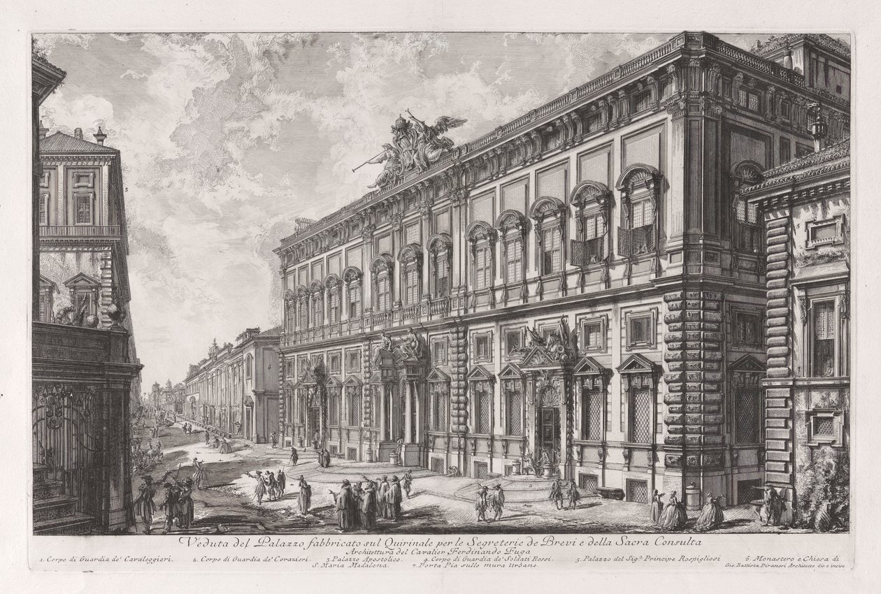 Näkymä Palazzolle, joka on rakennettu alushoususihteerin ja pyhään kirkolliskokouksen Quirinalille, Vedute di Romasta tekijältä Giovanni Battista Piranesi