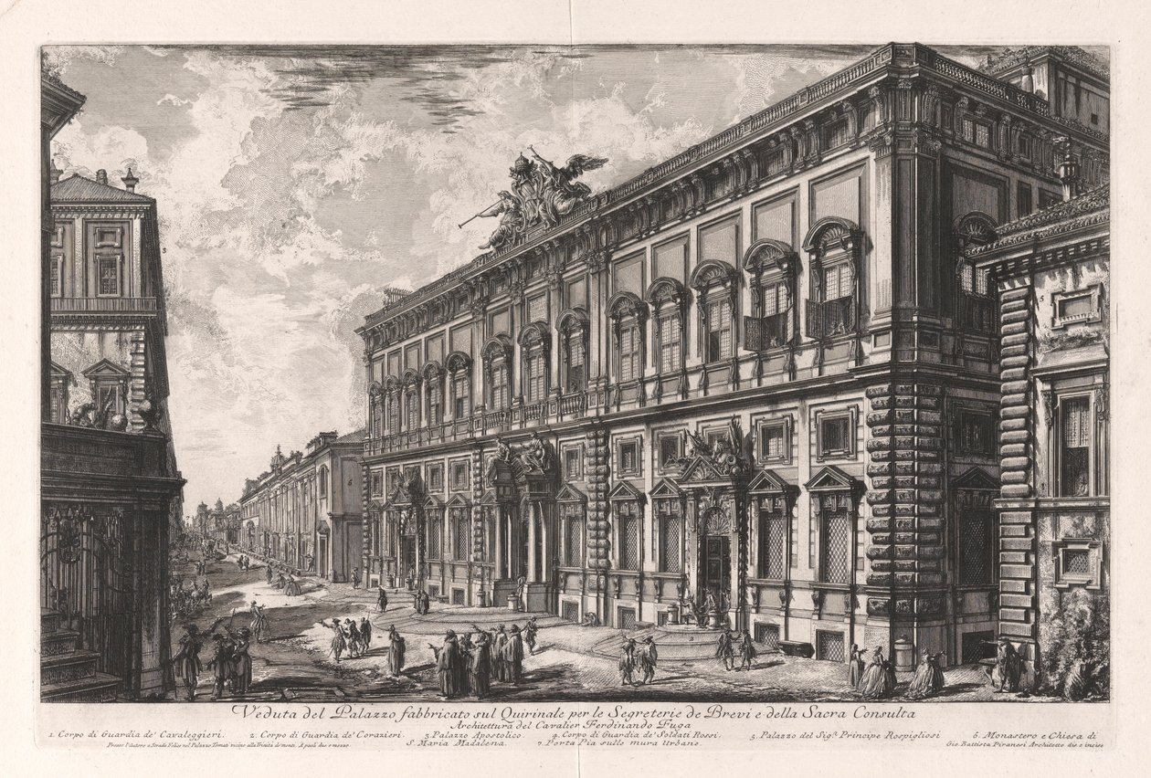 Näkymä Palazzolle, joka on rakennettu Quirinalille alushoususihteerille ja pyhille neuvostolle, Vedute di Romasta (näkymät Roomaan) tekijältä Giovanni Battista Piranesi