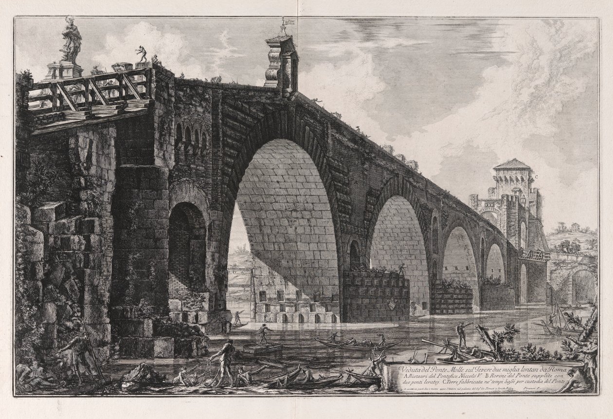Näkymä Milviuksen sillalle Tiberin yli kaksi mailia Rooman ulkopuolella, Vedute di Romasta (näkymät Roomaan) tekijältä Giovanni Battista Piranesi