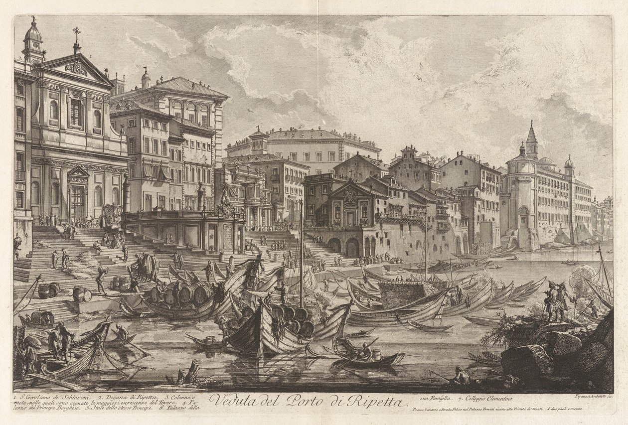 Veduta del Porto di Ripetta (näkymä Ripettan satamaan), Vedute di Romasta (näkymät Roomaan) tekijältä Giovanni Battista Piranesi