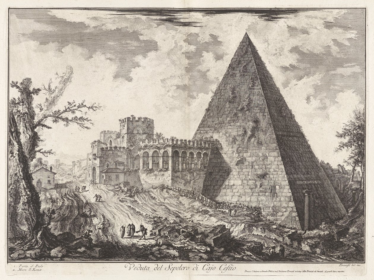 Veduta del Sepolcro di Cajo Cestio (näkymä Caius Cestiuksen pyramidihaudalle [jossa Porta S. Paolo vasemmalla]), Vedute di Romasta (näkymät Roomaan) tekijältä Giovanni Battista Piranesi