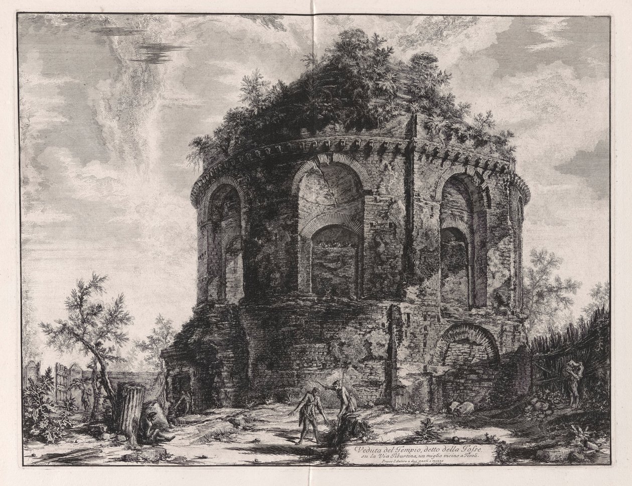 Näkymä ns. yskän temppelille Via Tiburtina -kadulla, kilometrin päässä Tivolista, Vedute di Romasta (näkymät Roomaan) tekijältä Giovanni Battista Piranesi