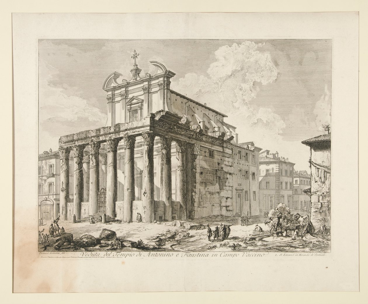 Näkymä Antoninuksen ja Faustinan temppelistä Campo Vaccinossa. (Näkymä Antoninuksen ja Faustinan temppelistä Forum Romanumissa.), Vedute di Romasta tekijältä Giovanni Battista Piranesi