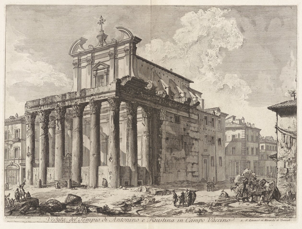 Veduta del Tempio di Antonino e Faustina Campo Vaccinossa (näkymä Antoninuksen ja Faustinan temppelistä Forum Romanumissa), Vedute di Romasta (näkymät Roomaan) tekijältä Giovanni Battista Piranesi