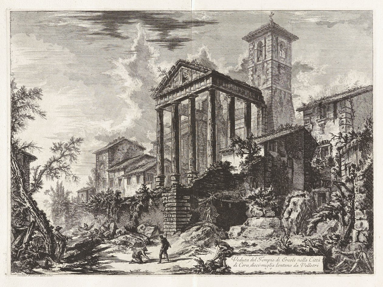 Näkymä Herkuleen temppelille Corin kaupungissa, kymmenen mailin päässä Velletristä, sarjasta "Näkymiä Roomasta" tekijältä Giovanni Battista Piranesi