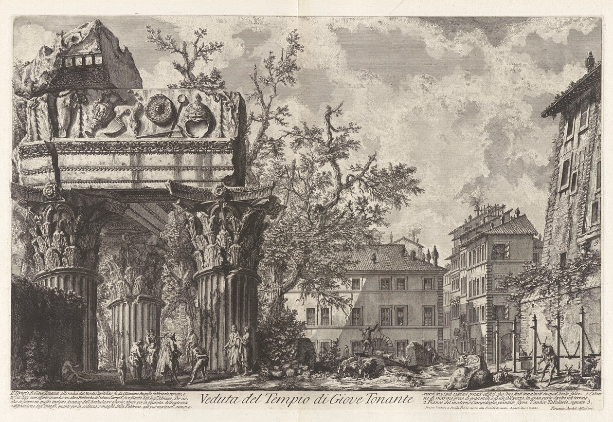 Veduta del Tempio di Giove Tonante (Näkymä Jupiter Tonansin temppelille [Jupiter the Thunderer; itse asiassa Vespasianuksen ja Tituksen temppeli]), Vedute di Romasta (Näkymät Roomaan) tekijältä Giovanni Battista Piranesi