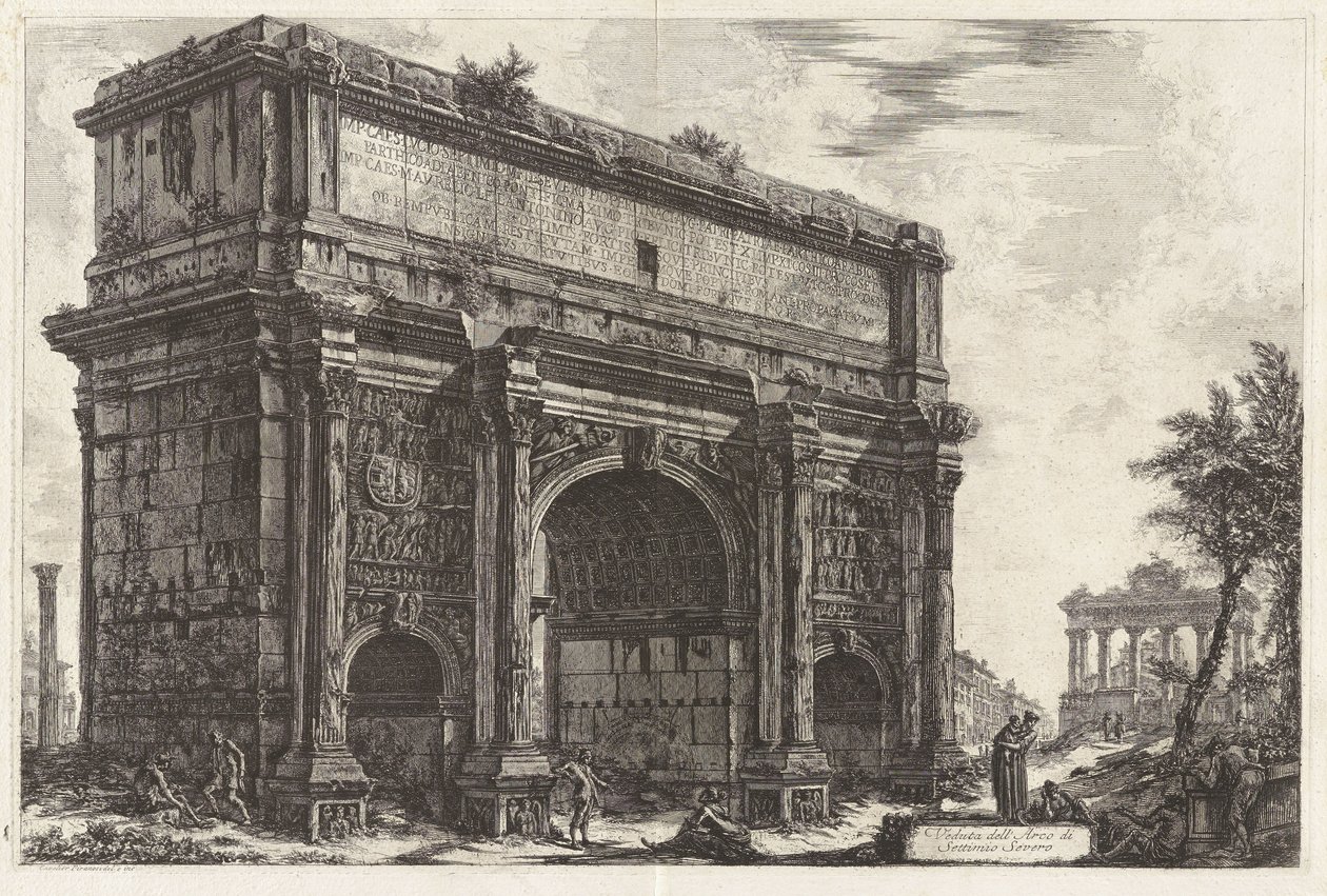 Näkymä Septimius Severuksen riemukaaresta (taustalla Saturnuksen temppeli), sarjasta "Näkymiä Roomasta" tekijältä Giovanni Battista Piranesi