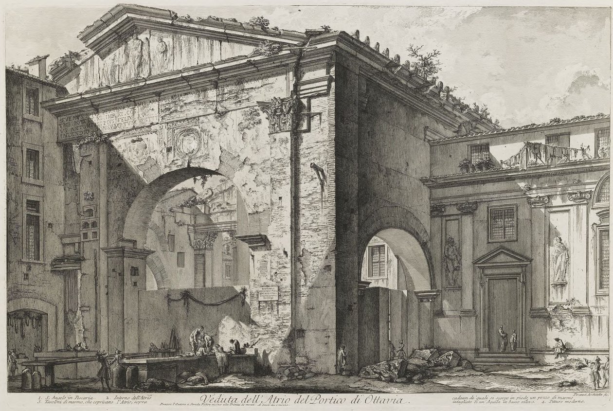 Näkymä Ottavian pylväshallin eteishallista (Ottavian pylväshalli: eteishalli, ulkoapäin) tekijältä Giovanni Battista Piranesi