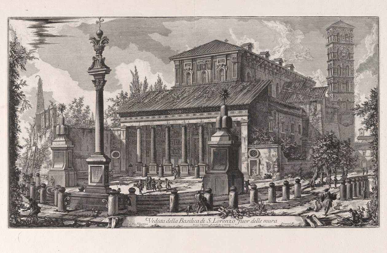 Näkymä San Lorenzo fuori delle Muran basilikalle Vedute di Romasta (näkymät Roomaan) tekijältä Giovanni Battista Piranesi