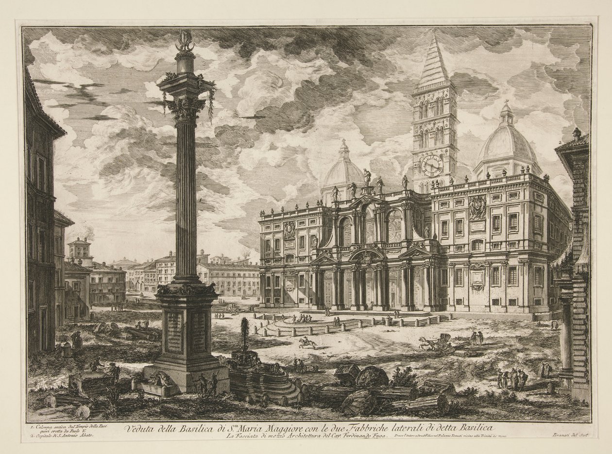 Näkymä Joulupukin basilikalle. Maria Maggiore ja mainitun basilikan kaksi sivutehdasta (näkymä S. Maria Maggioren basilikasta ja sen kahdesta viereisestä siivestä), Vedute di Romasta tekijältä Giovanni Battista Piranesi