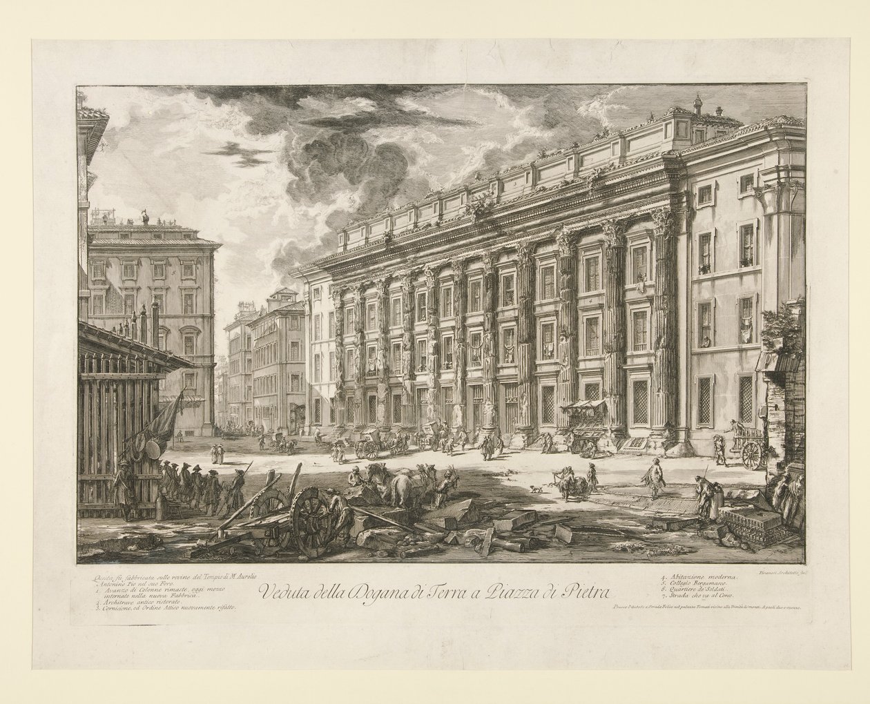 Näkymä Piazza di Pietran tullitalolle Vedute di Romasta tekijältä Giovanni Battista Piranesi