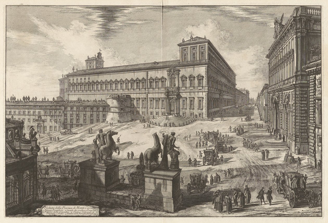 Näkymä Piazza di Monte Cavallolle (näkymä Piazza di Monte Cavallolle [Piazza del Quirinale ja Quirinalin palatsi keskellä]), Vedute di Romalta (näkymät Roomaan) tekijältä Giovanni Battista Piranesi