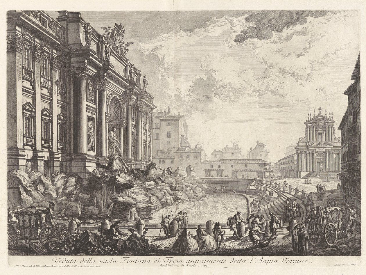 Näkymä suurelle Trevin suihkulähteelle, joka tunnettiin aiemmin nimellä L tekijältä Giovanni Battista Piranesi