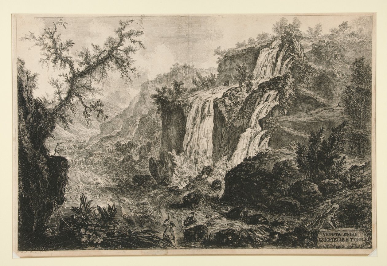 Näkymä Tivolin pienille vesiputouksille, sarjasta Vedute di Roma tekijältä Giovanni Battista Piranesi