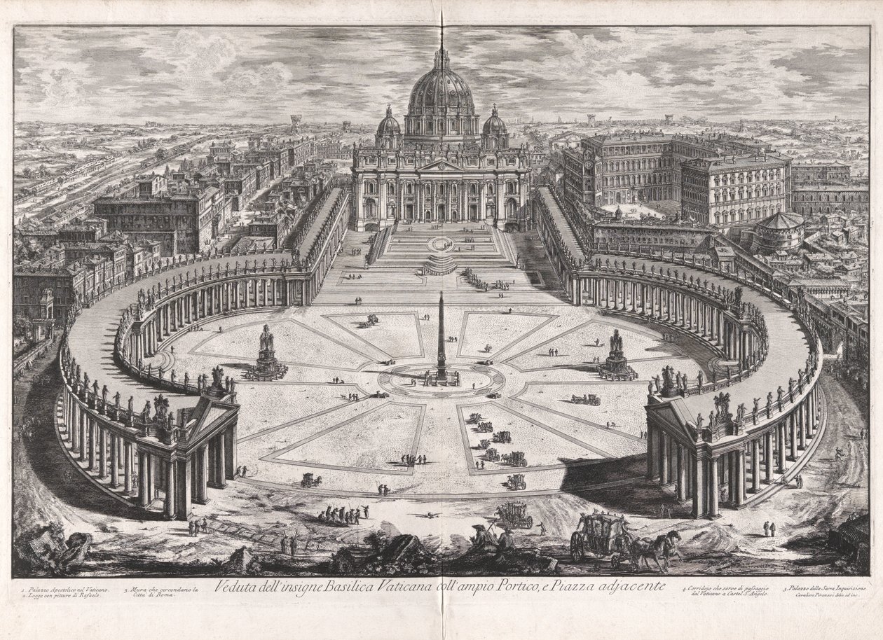 Näkymä kuuluisalle Vatikaanin basilikalle avarine pylväskäytävineen ja viereisine aukioineen, teoksesta Näkymiä Roomasta tekijältä Giovanni Battista Piranesi