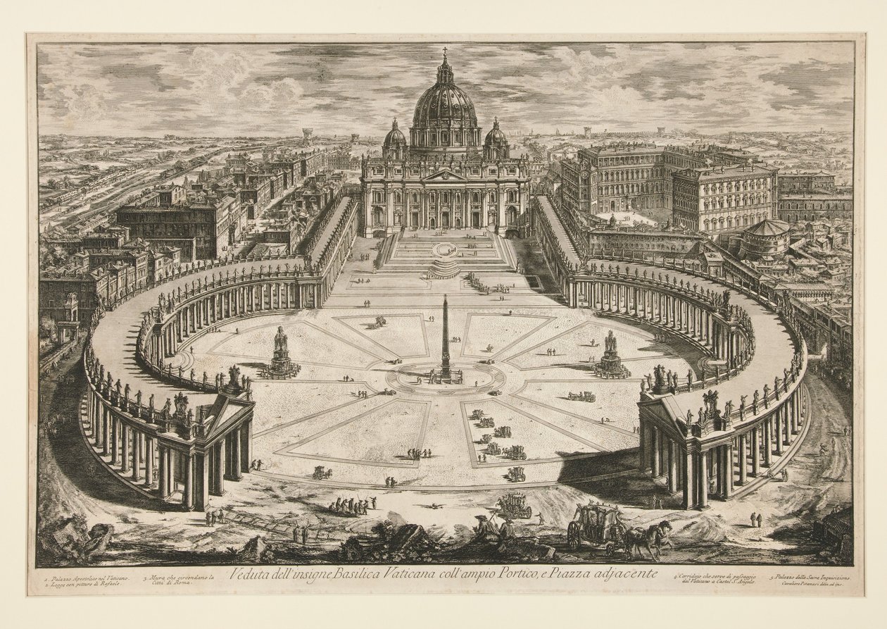 Näkymä kuuluisasta Vatikaanin basilikasta laajoine pylväskäytävineen ja viereisine aukioineen, teoksesta "Näkymiä Roomasta" tekijältä Giovanni Battista Piranesi