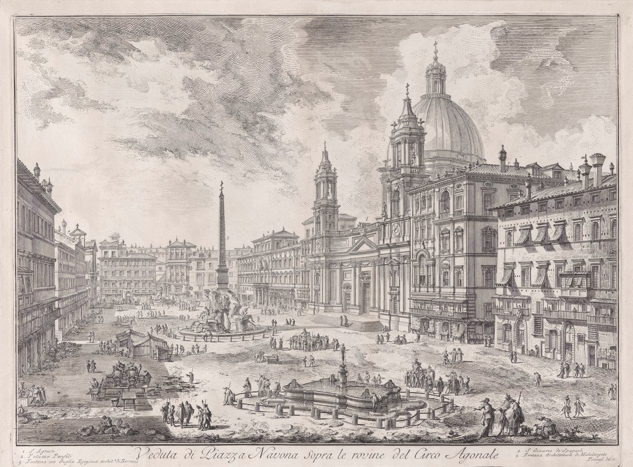 Näkymä Piazza Navona -aukiolle Domitianuksen sirkuksen raunioiden yläpuolella, Vedute di Romasta (näkymät Roomaan) tekijältä Giovanni Battista Piranesi