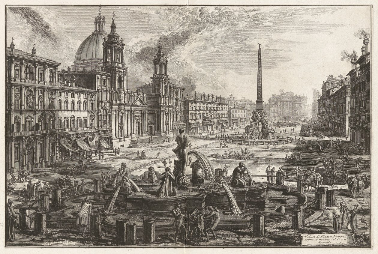 Näkymä Piazza Navona -aukiolle Circus Agonalisin [Domitianuksen sirkus] raunioiden yläpuolella, Vedute di Romasta (näkymät Roomaan) tekijältä Giovanni Battista Piranesi