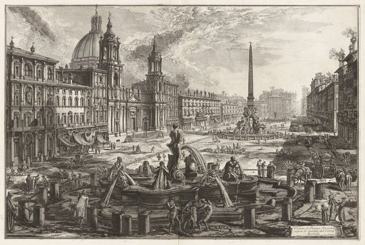 Näkymä Piazza Navonalle Circus Agonaliksen (Domitianuksen sirkuksen) raunioiden yllä, sarjasta "Näkymiä Roomasta" tekijältä Giovanni Battista Piranesi