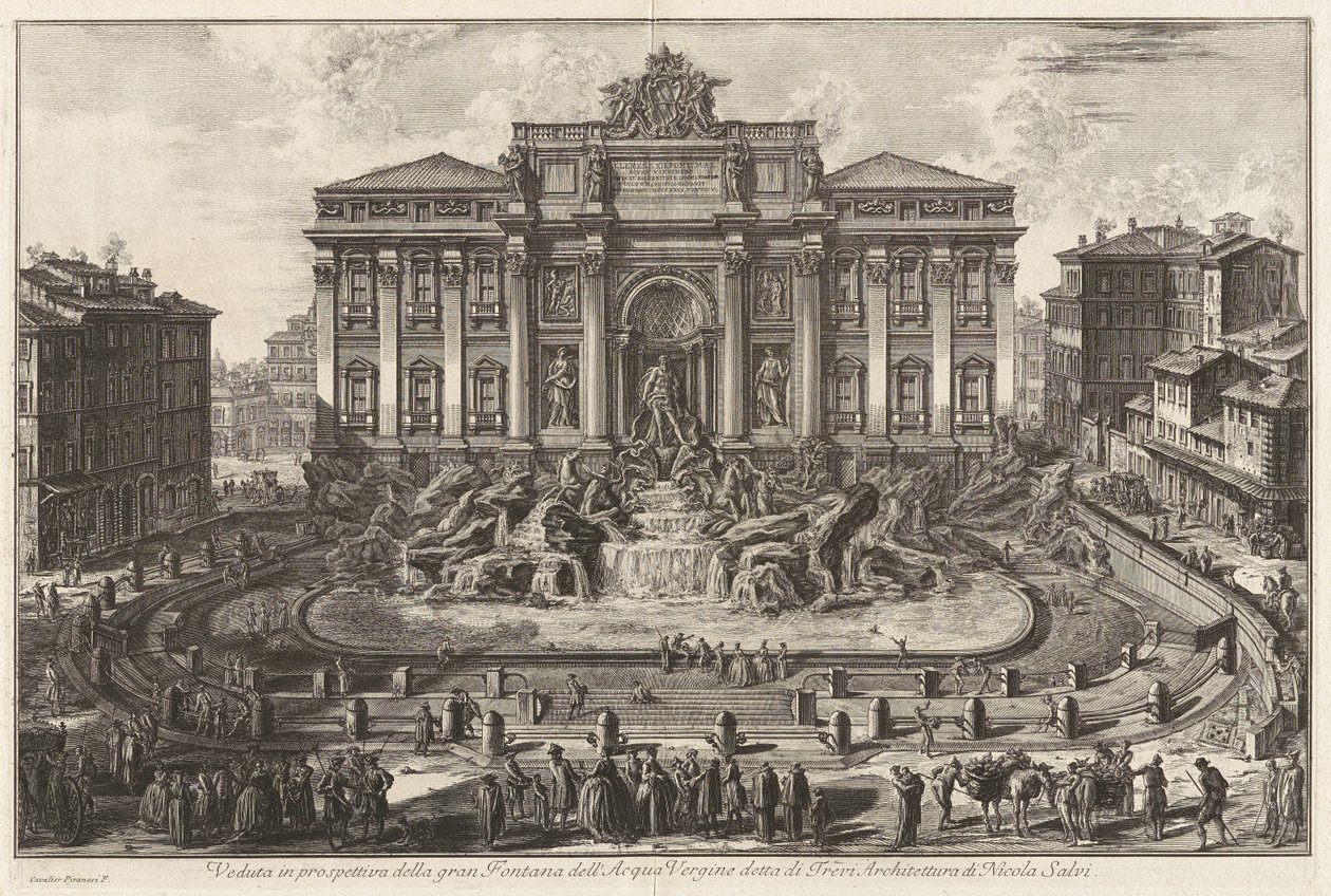 Perspektiivinäkymä suurelle Acqua Verginen suihkulähteelle, jota kutsutaan Trevin suihkulähteeksi, arkkitehtuuri Nicola Salvin, teoksesta Vedute di Roma tekijältä Giovanni Battista Piranesi