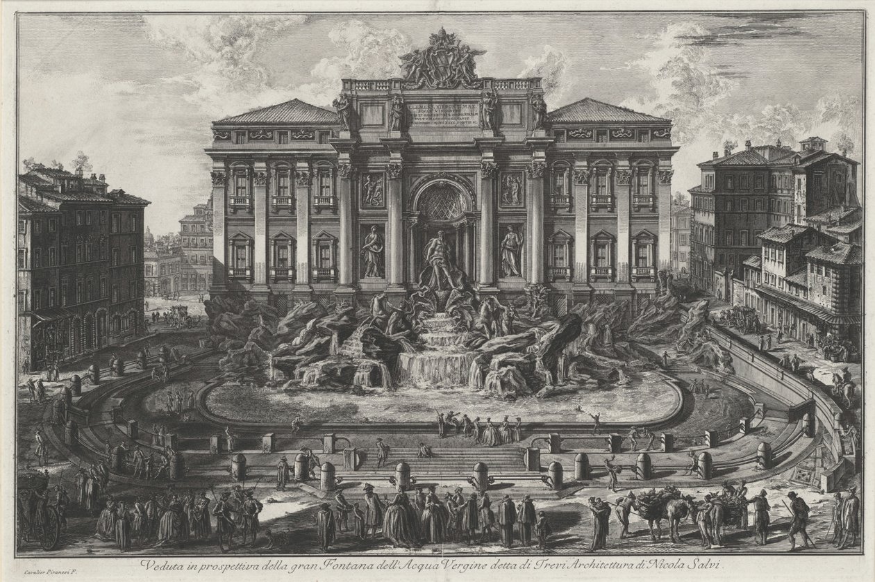 Perspektiivinäkymä suurelle Acqua Verginen suihkulähteelle, jota kutsutaan Trevin suihkulähteeksi, arkkitehtuuri Nicola Salvin tekijältä Giovanni Battista Piranesi