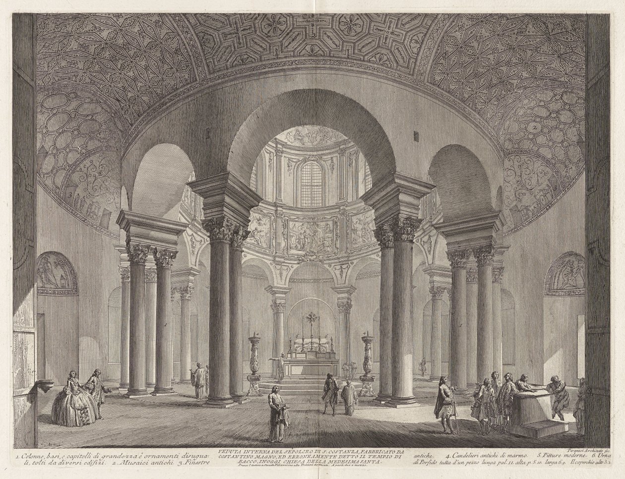 Sisänäkymä Santa Costanzan hautakammiosta, jonka rakennutti Konstantinus Suuri ja jota kutsuttiin virheellisesti Bacchuksen temppeliksi, nykyään saman pyhimyksen kirkko tekijältä Giovanni Battista Piranesi
