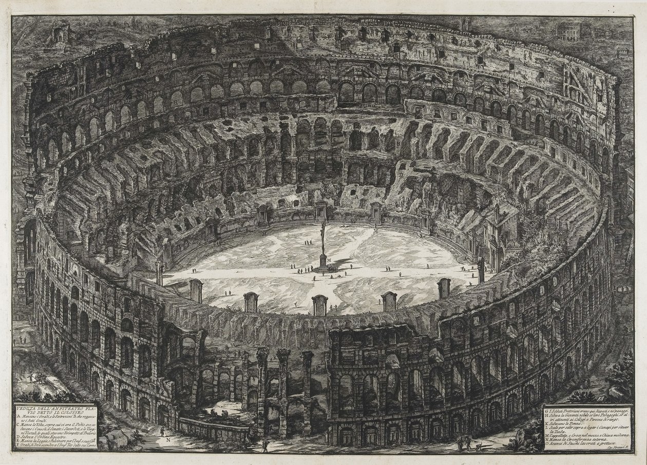 Näkymä Flavian amfiteatterille, nimeltään Colosseum, "Näkymät Roomaan" tekijältä Giovanni Battista Piranesi
