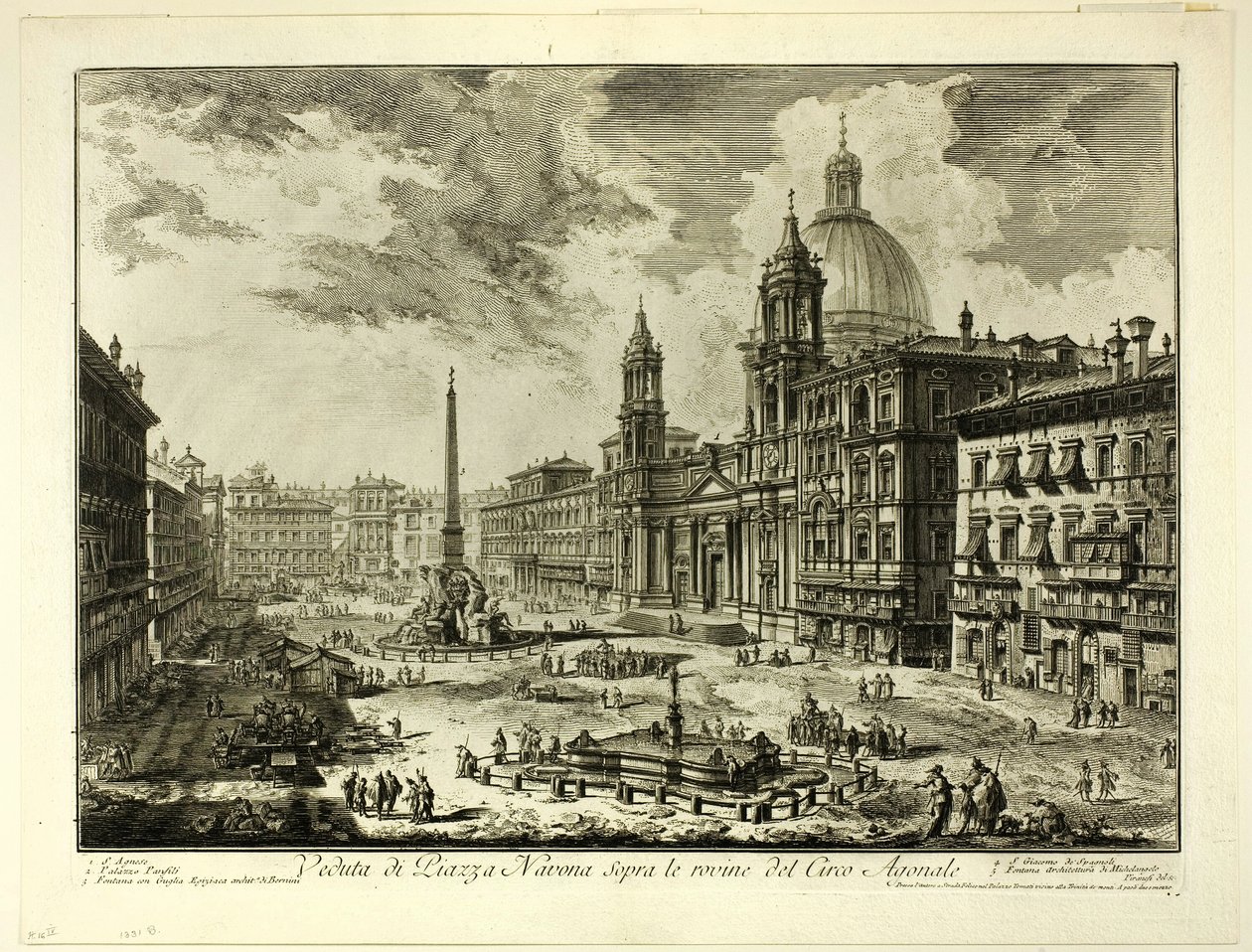 Näkymä Piazza Navonalle Domitianuksen sirkuksen raunioiden yläpuolella, kirjasta Näkymiä Roomasta. tekijältä Giovanni Battista Piranesi