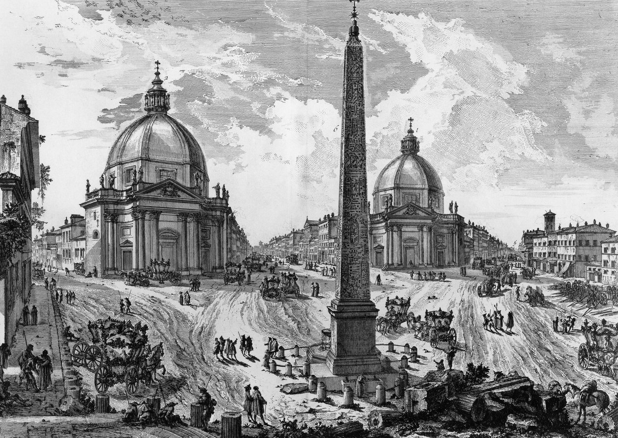 Näkymä Piazza del Popololle Roomassa, Giovanni Battista Piranesin (1720-1778) kaiverrus roomalaisista antiikkiesineistä tekijältä Giovanni Battista Piranesi