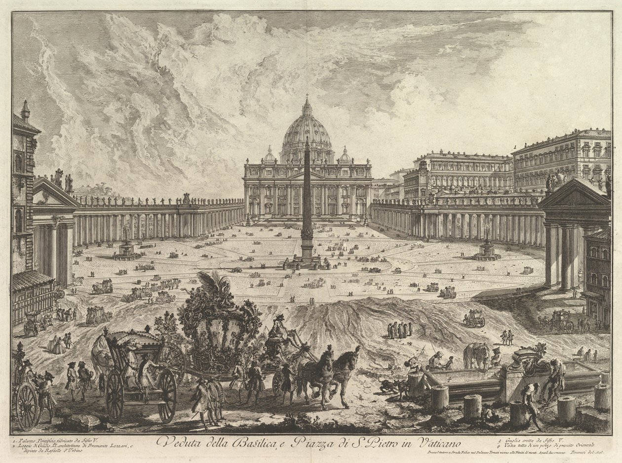 Näkymä Pietarinkirkosta ja Pietarinaukiolta Vatikaanissa, teoksesta Vedute di Roma (Näkymiä Roomasta) tekijältä Giovanni Battista Piranesi