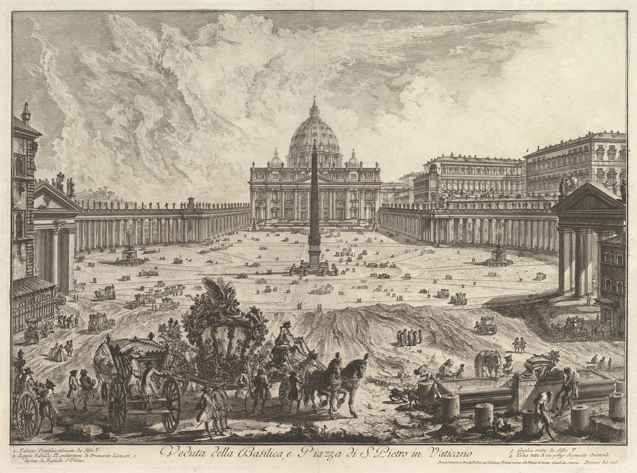 Näkymä Pietarinkirkolle ja Piazzalle Vatikaanissa, Vedute di Roma Roman Vie ..., n. 1748. tekijältä Giovanni Battista Piranesi