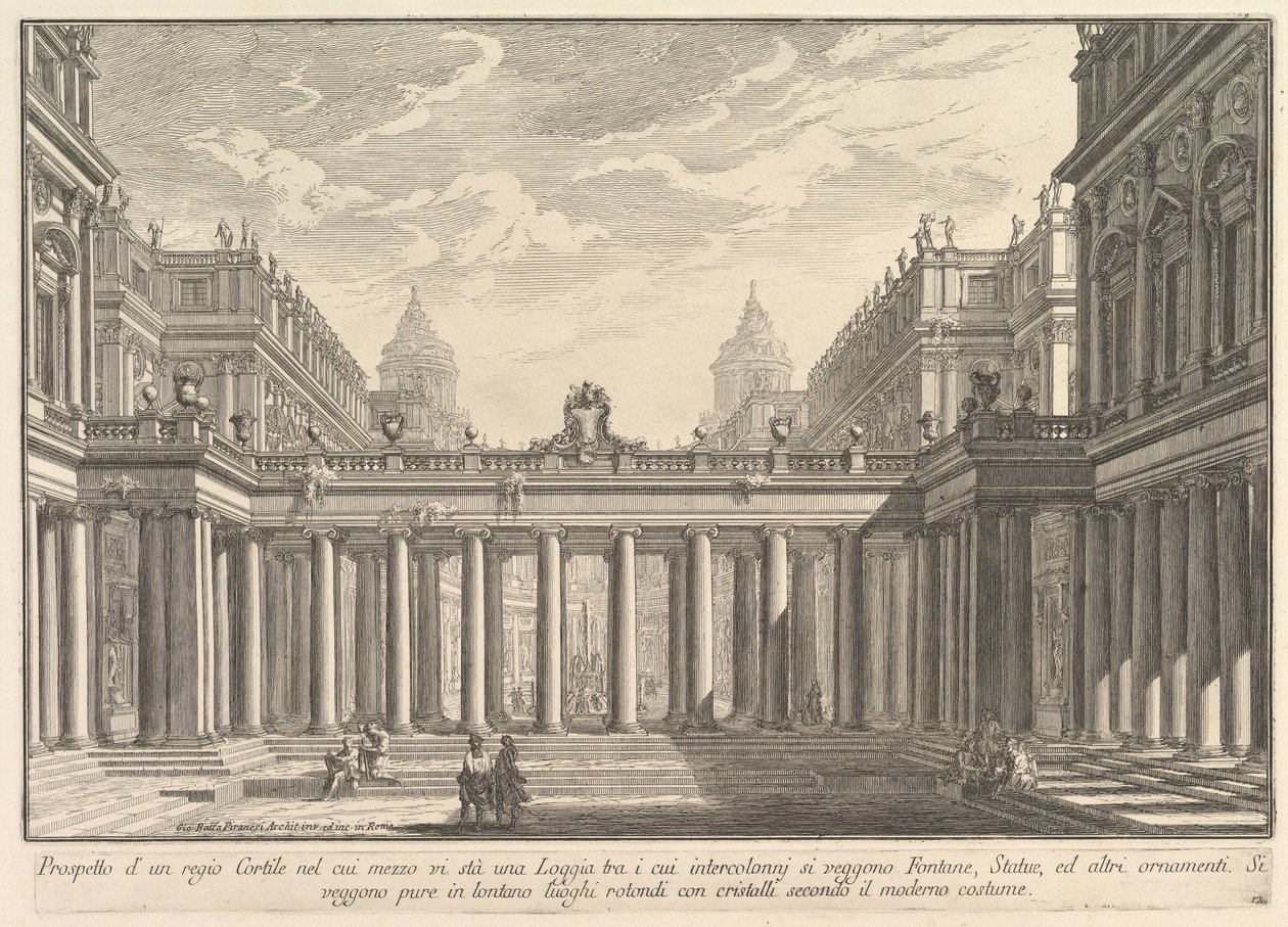 Näkymä sisäpihalle, jossa on loggia, suihkulähteitä, patsaita ja muita koristeita Prospetto ..., ca. 1750. tekijältä Giovanni Battista Piranesi