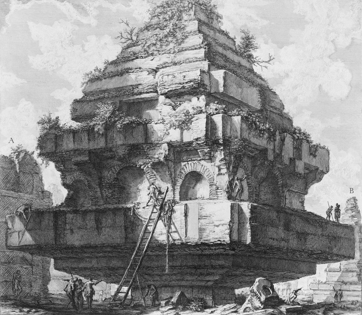 Näkymä suuresta rakenteesta, Metellin haudan jäännökset Appian tiellä..., 1756-57. tekijältä Giovanni Battista Piranesi